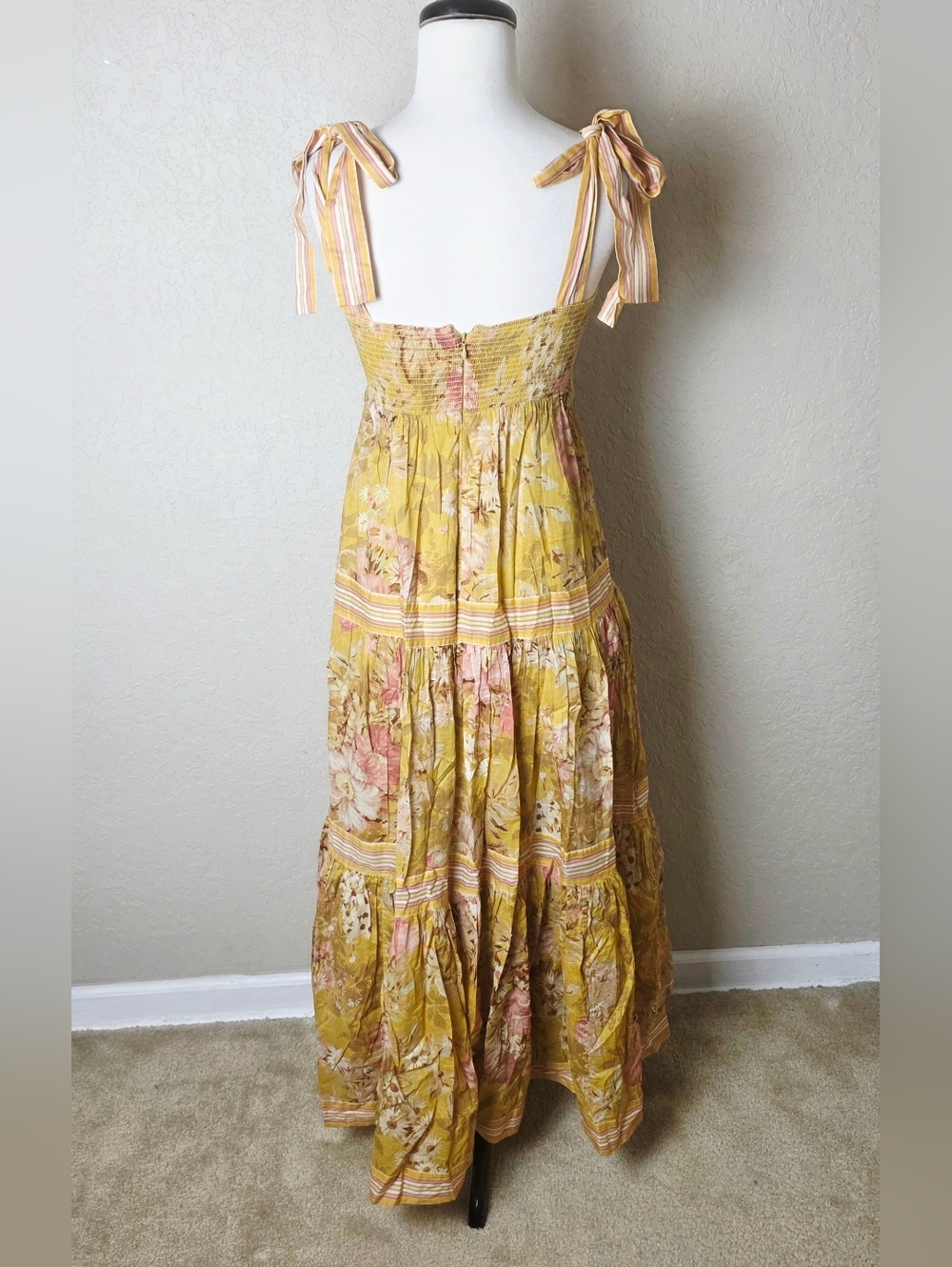 Zimmermann Pattie Tie Shoulder Floral Print Dress Mustard Yellow Size 2 - Picture 5 of 10